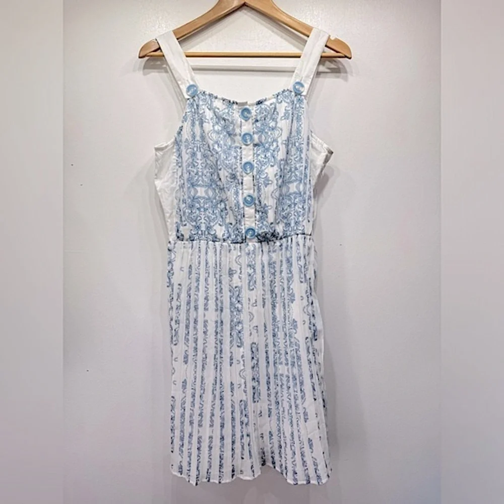 Blue & Ivory Pleated Plisse Skirt Dress KAS ModCloth Cottagecore Boho Milkmaid